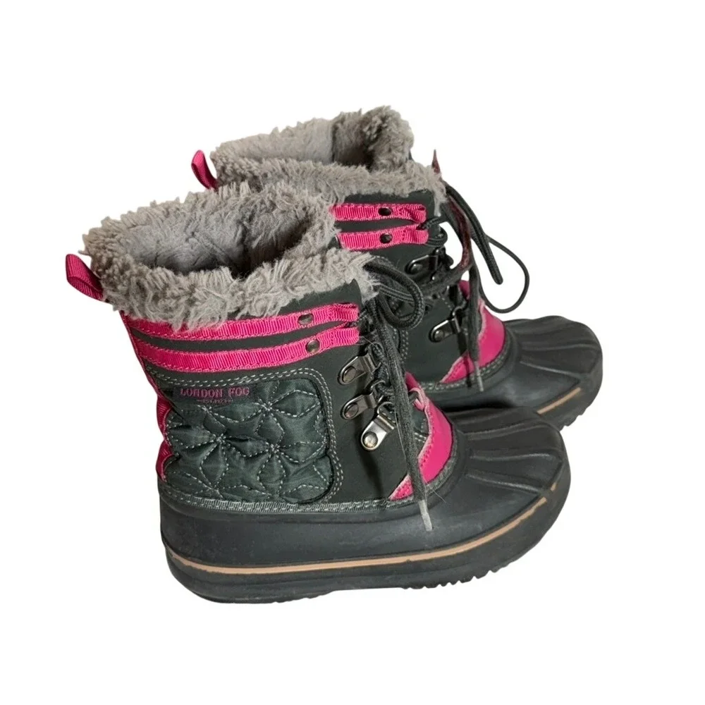 London Fog Girls Winter Snow Boots Gray Pink‎ Quilted Faux Fur Trim Waterproof